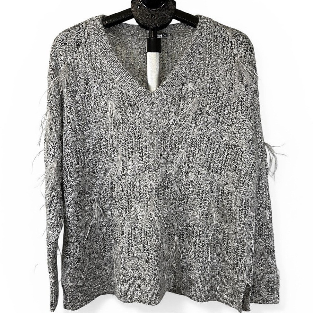 Chicos Gray Feather Stitch Pullover Sweater V-Neck Sequin Metallic Size L NEW